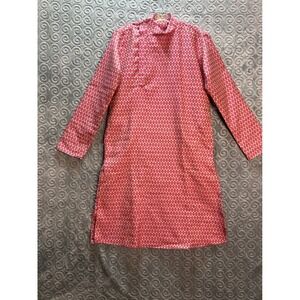 DETHNIC Red Geometric Pattern Mandarin Collar‎ Kurta Tunic Top S 36